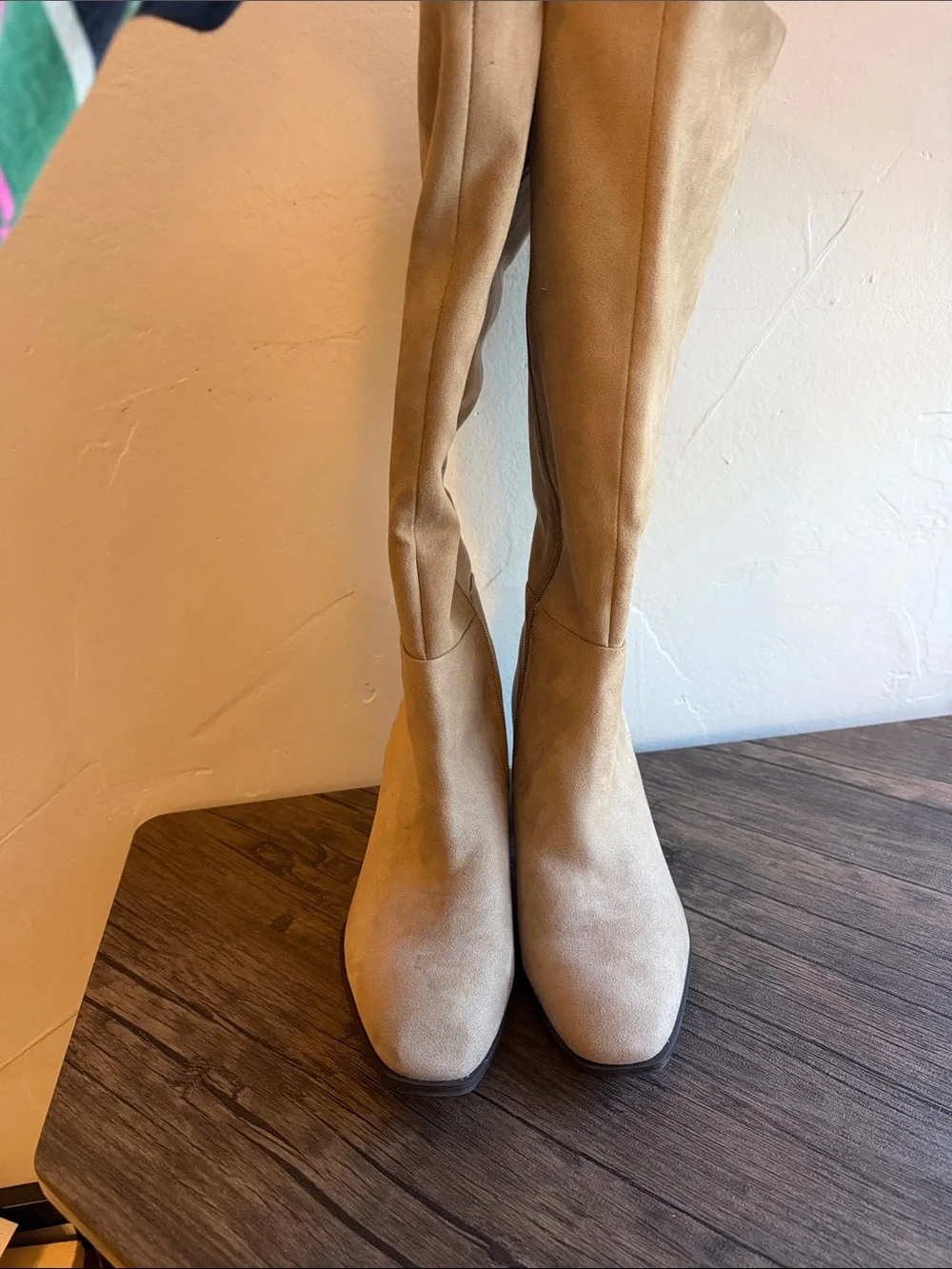 Over-The-Knee Suede Boots in Tan with Stacked Heel